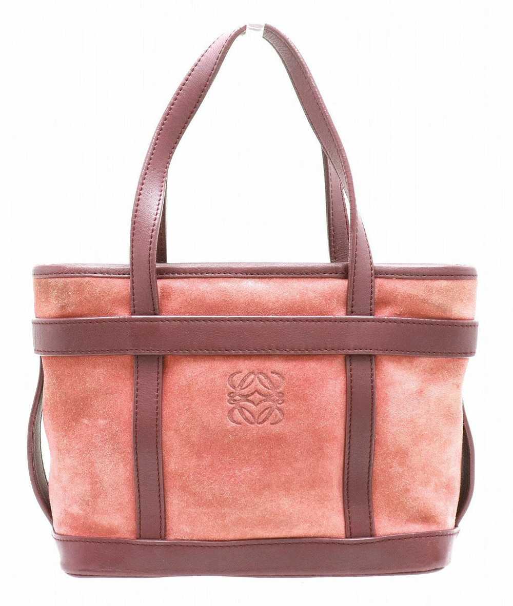 Loewe Anagram Tote Bag Handbag Suede Leather Salmon Pink Purple